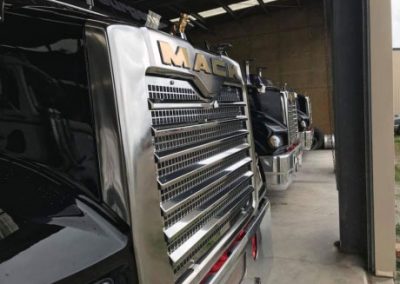 Chrome grille of a Mack truck in the Jurgens fleet